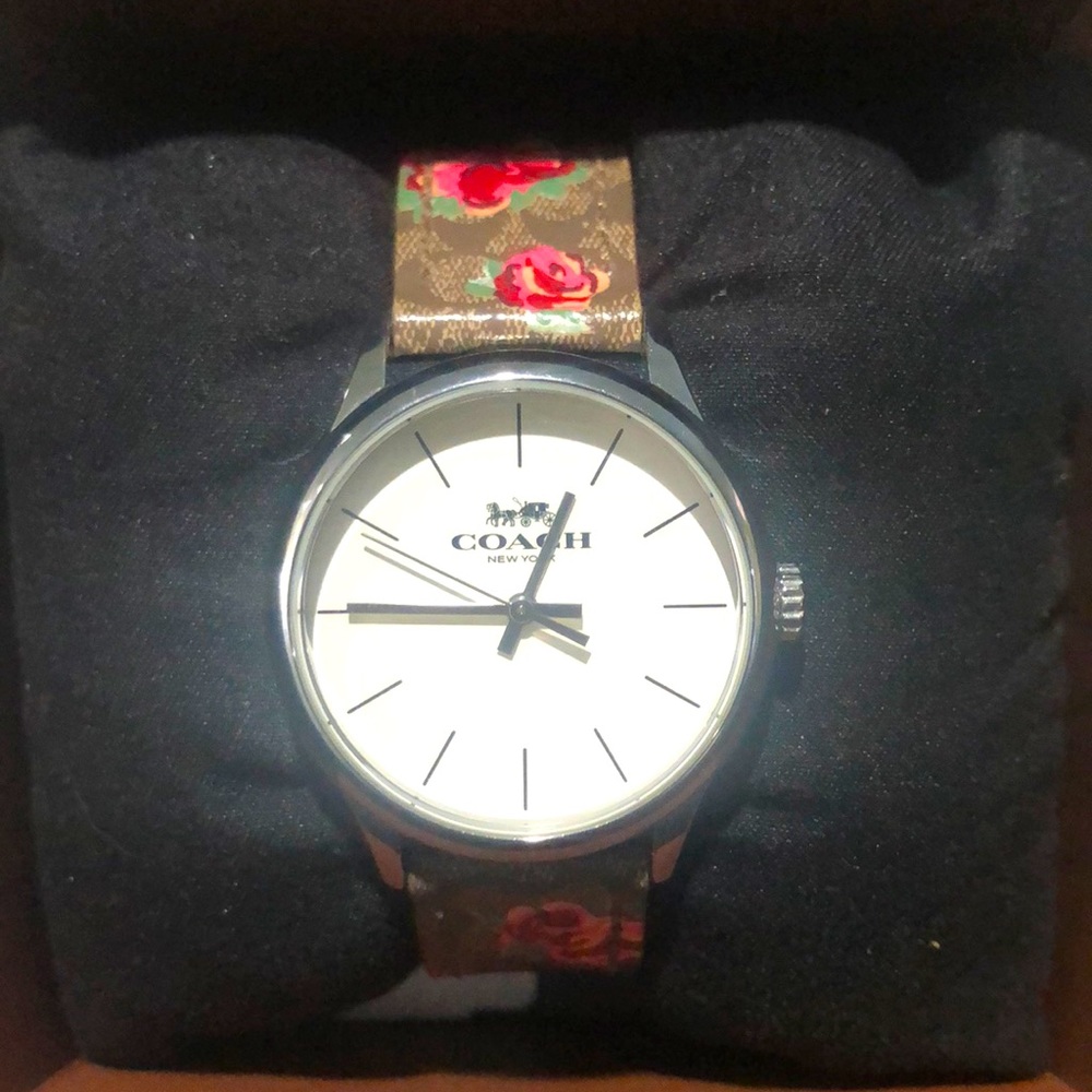 Coach New Watch with ROSES. Brown/silver. Never been worn. Ruby SS 32 PRINT